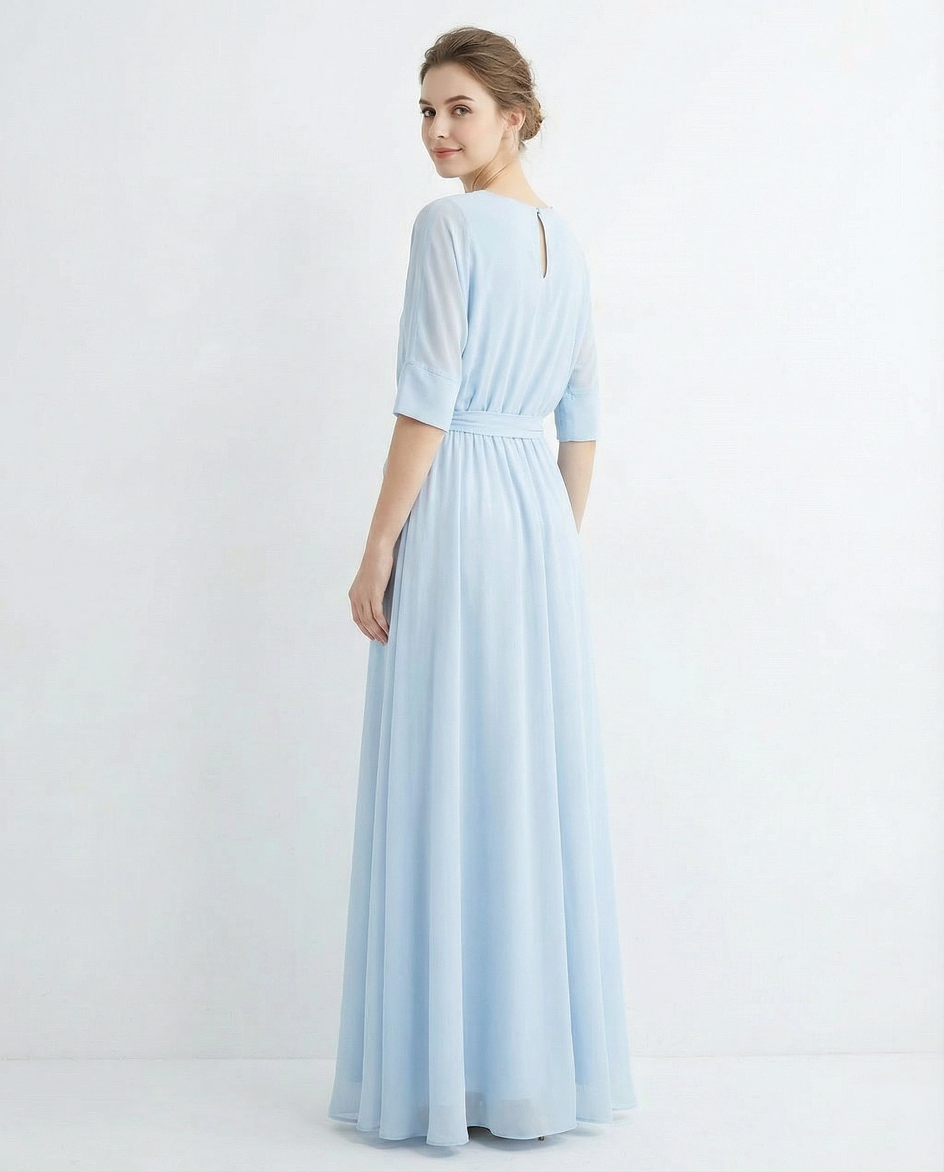 Half Sleeves Bateau A-line Chiffon Dress with Sash