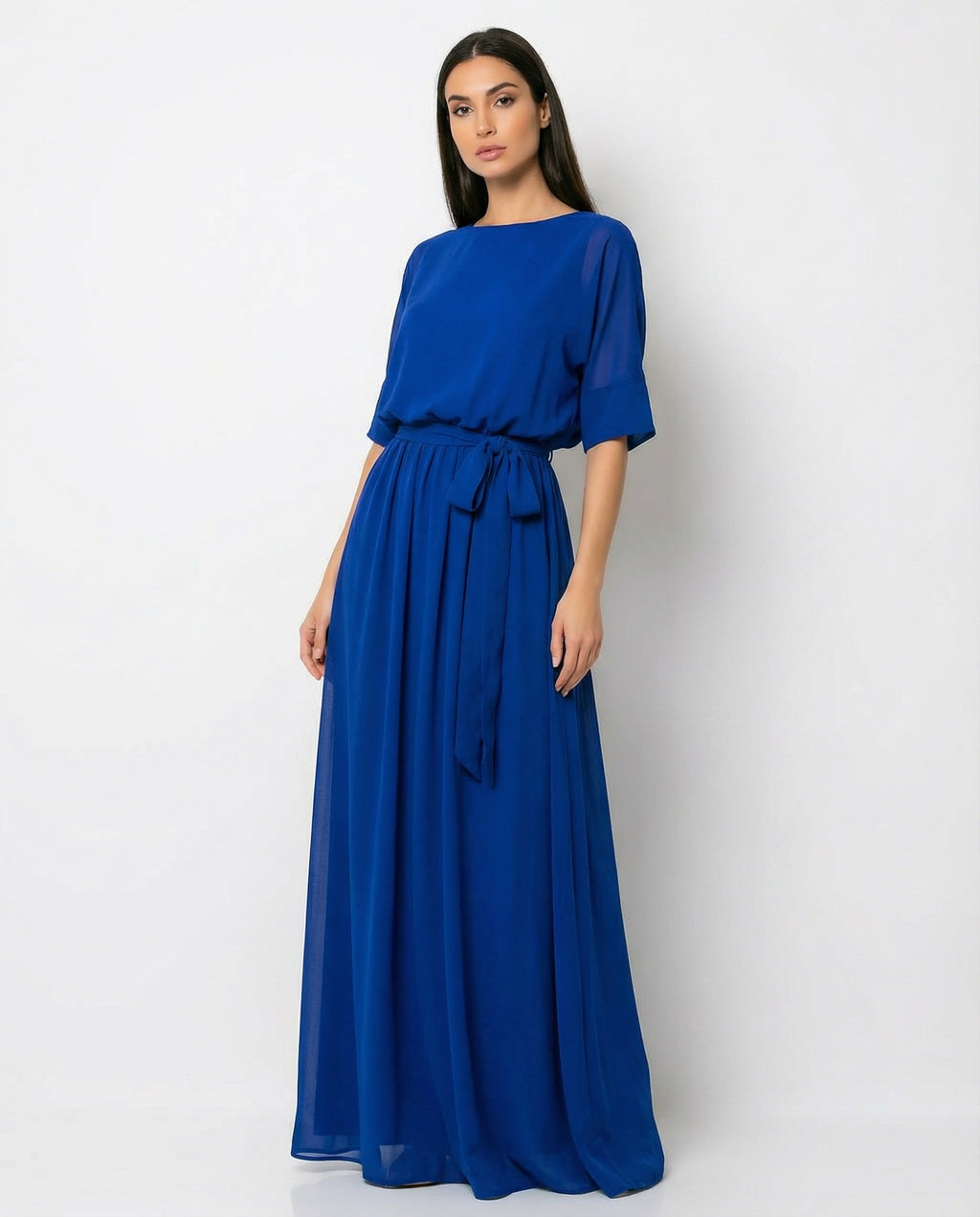 Half Sleeves Bateau A-line Chiffon Dress with Sash