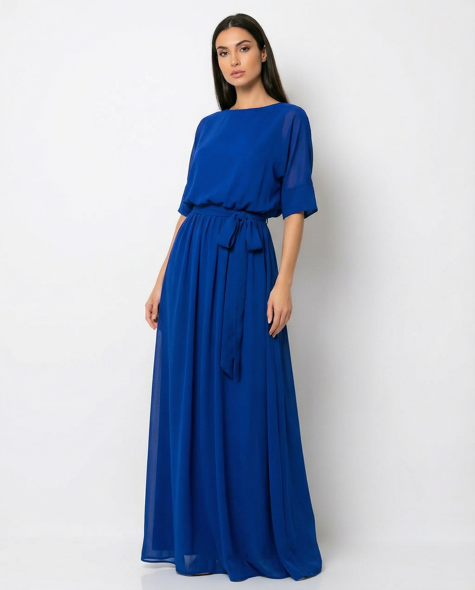 Half Sleeves Bateau A-line Chiffon Dress with Sash