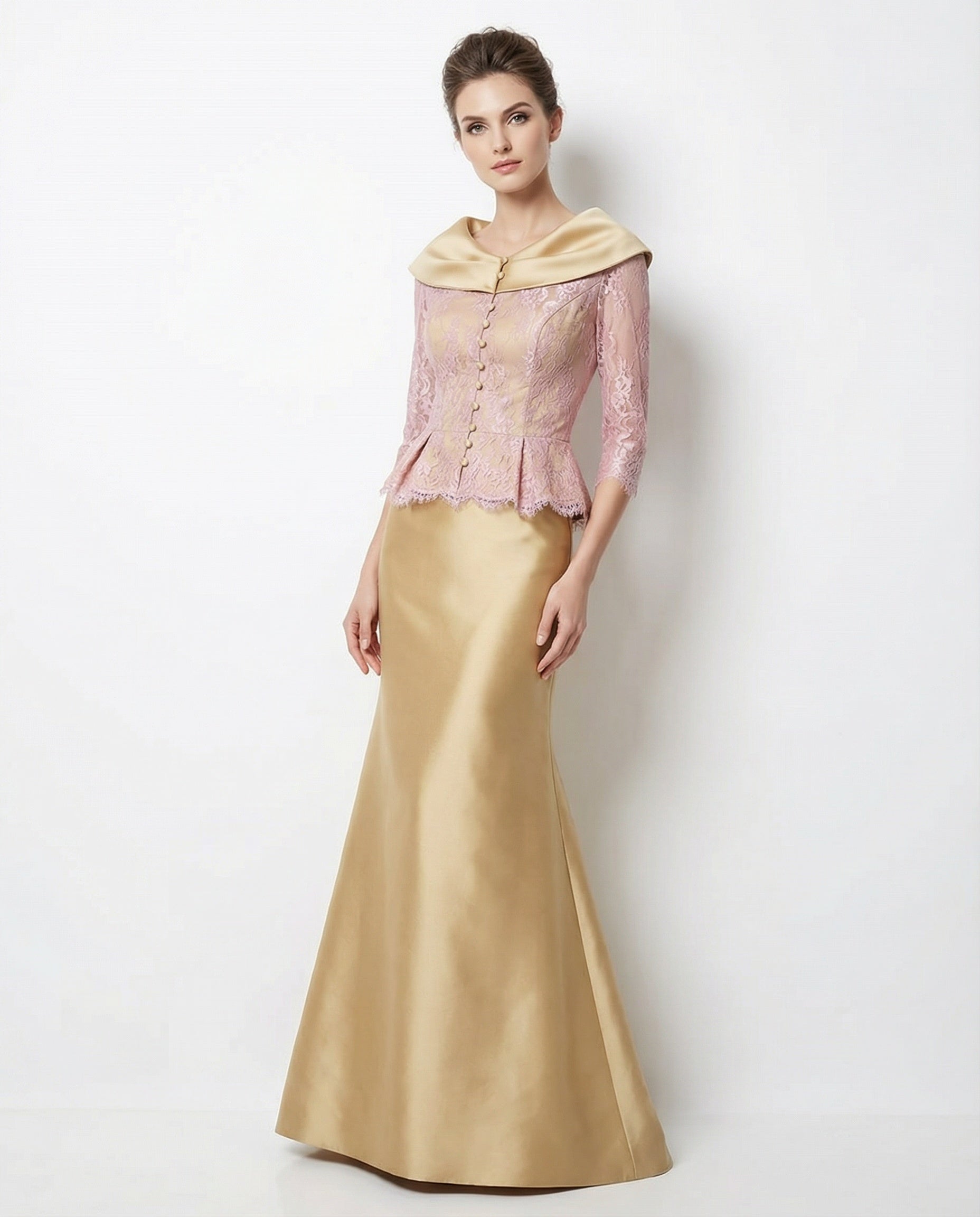 3/4 Sleeves Lace Bodice Satin Skirt Mermaid Dress with Peplum