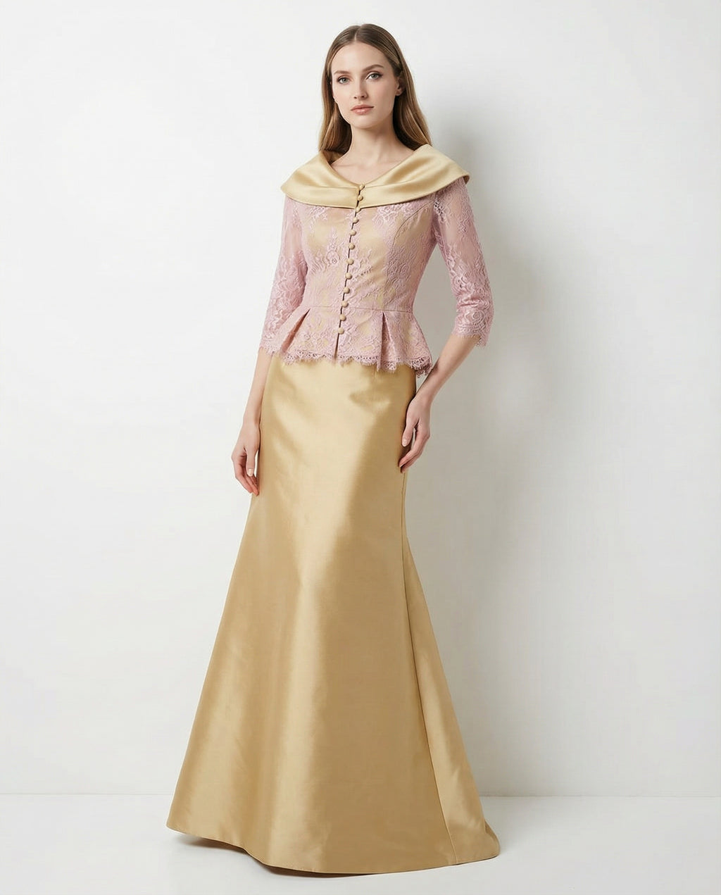 3/4 Sleeves Lace Bodice Satin Skirt Mermaid Dress with Peplum