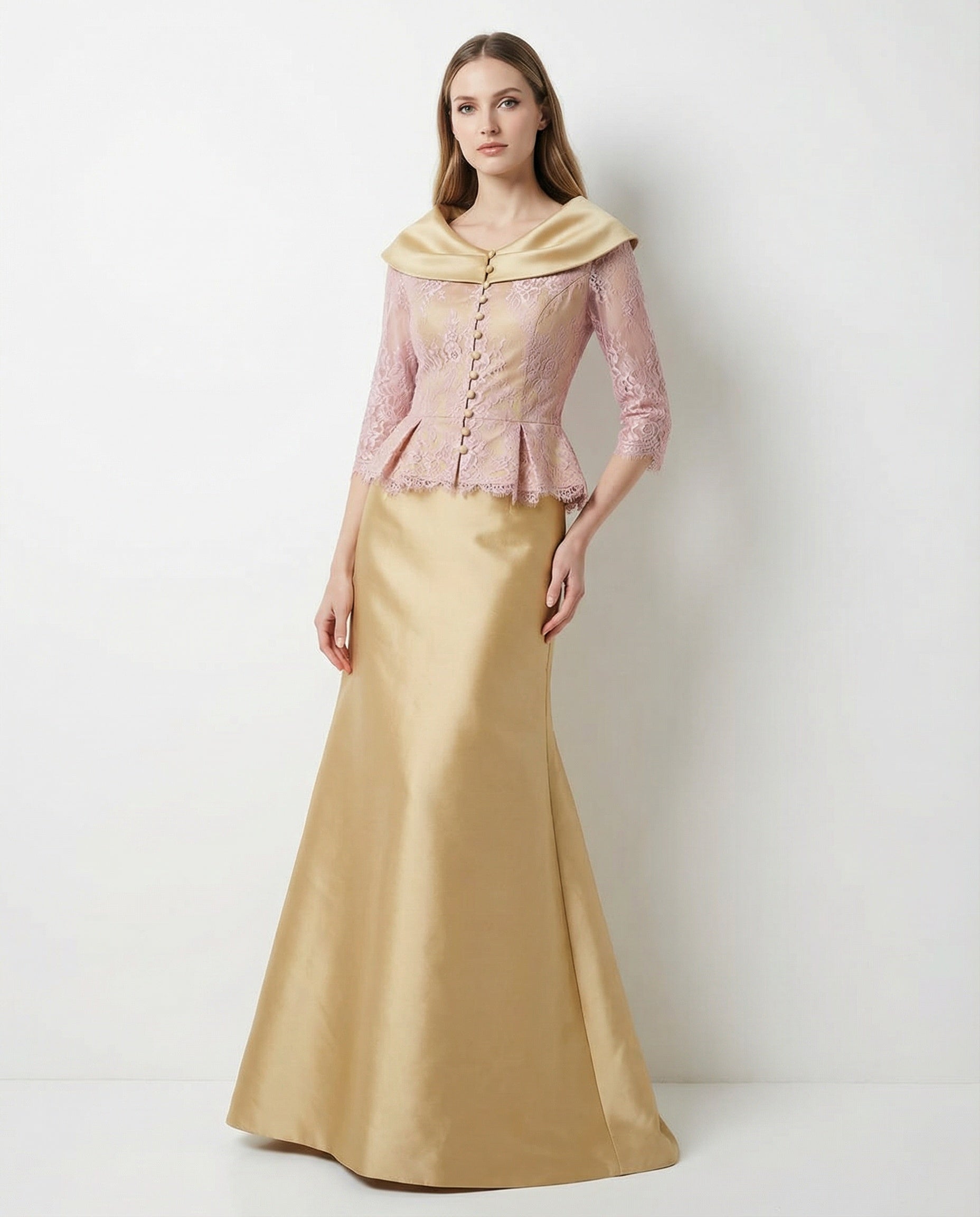 3/4 Sleeves Lace Bodice Satin Skirt Mermaid Dress with Peplum