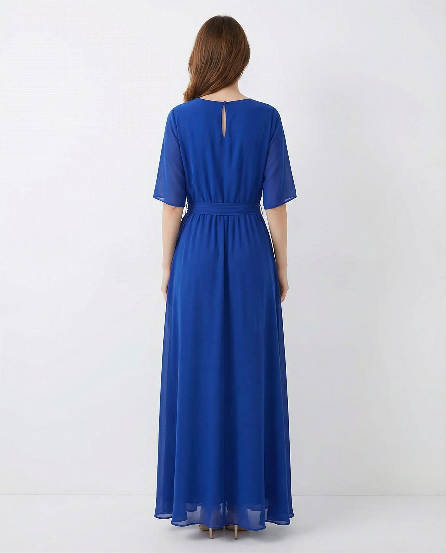Bateau Neckline Half Sleeves A-line Chiffon Dress with Keyhole Back