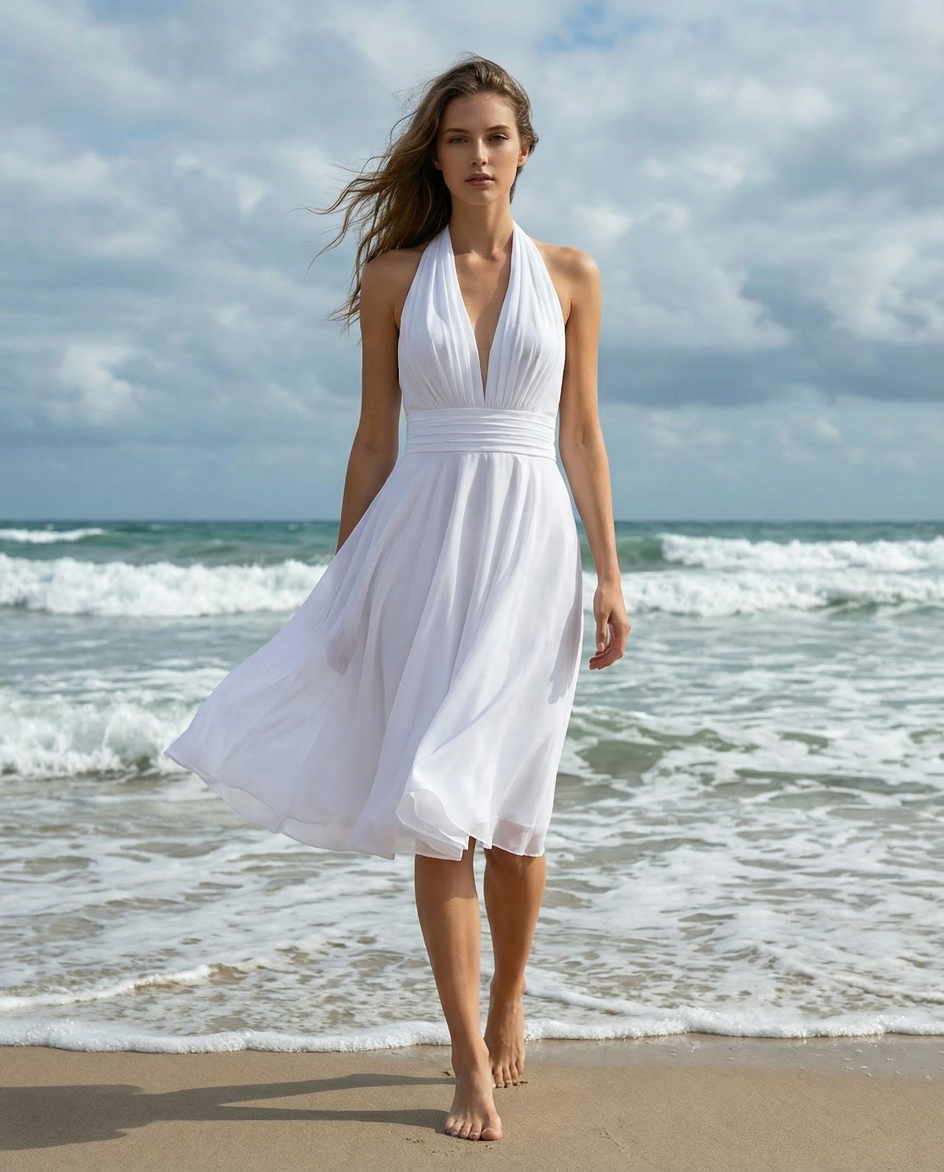 Halter Neck Pleated Chiffon A-line Knee Length Dress