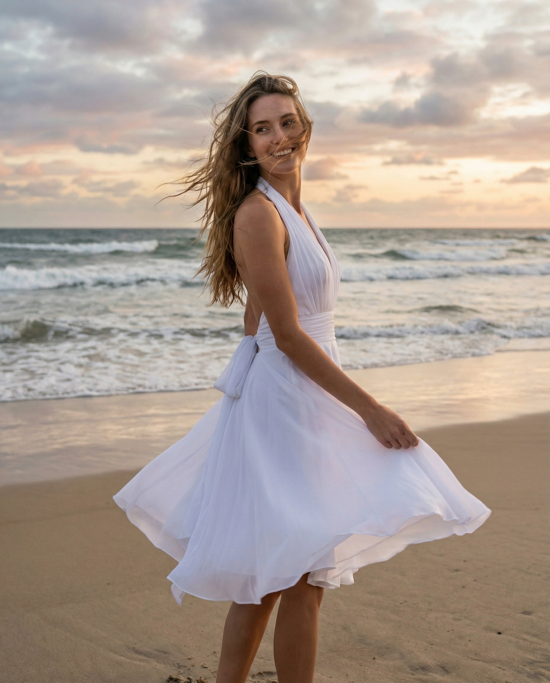 Halter Neck Pleated Chiffon A-line Knee Length Dress