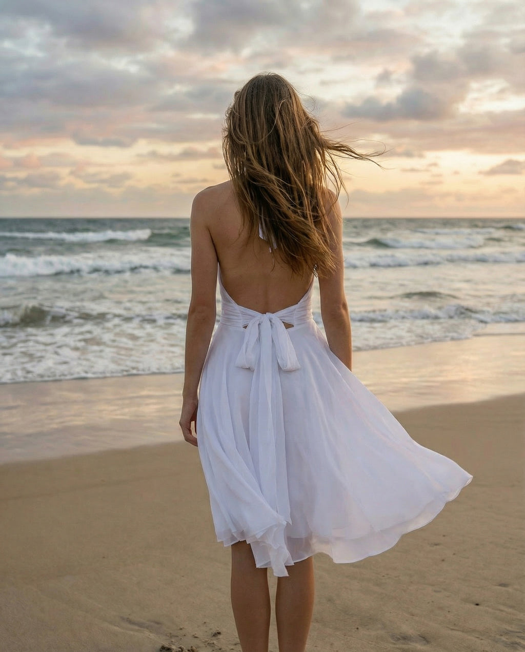 Halter Neck Pleated Chiffon A-line Knee Length Dress