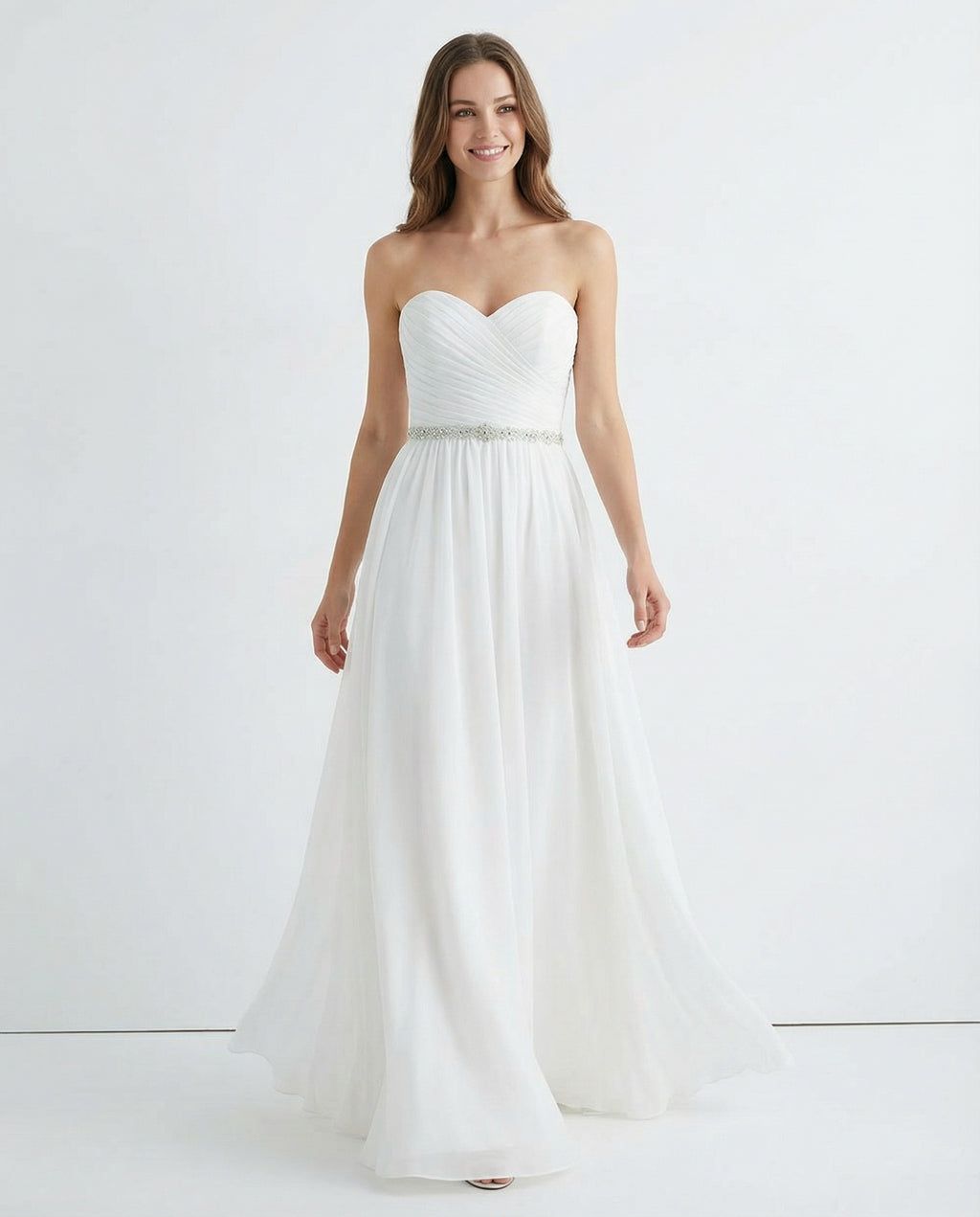 Sweetheart Pleated Bodice Beaded Waist A-line Chiffon Wedding Dress