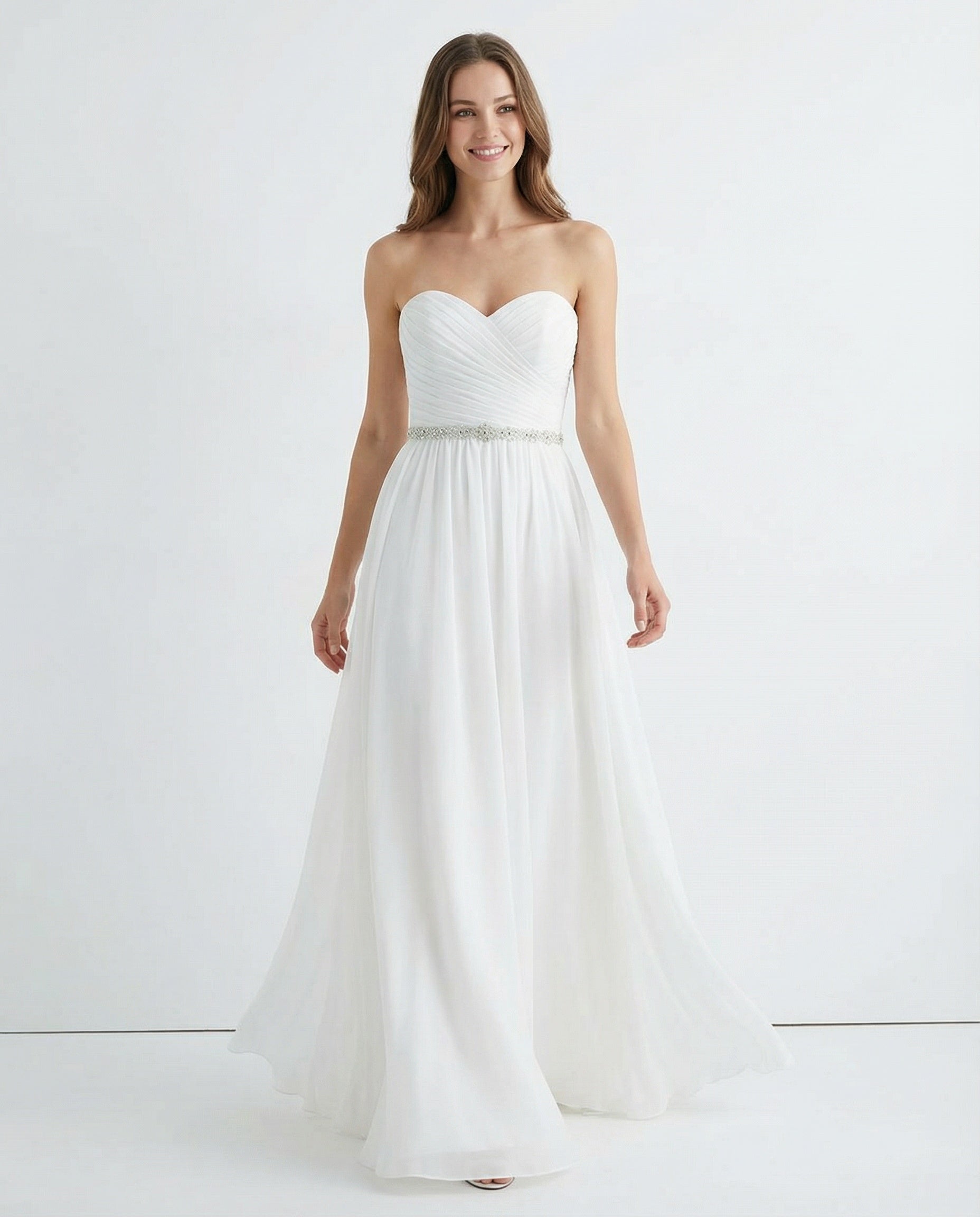Sweetheart Pleated Bodice Beaded Waist A-line Chiffon Wedding Dress