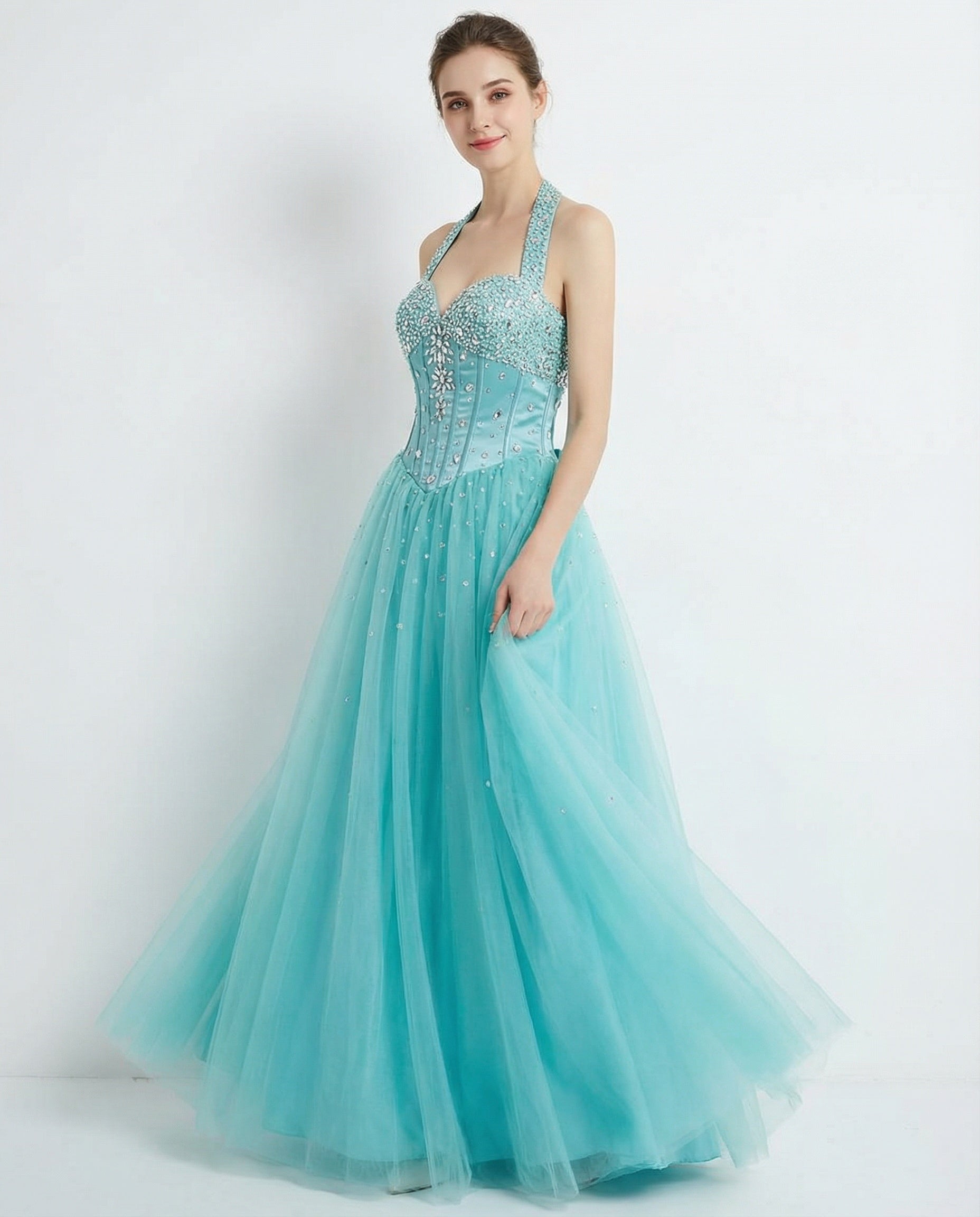 Halter Neck Beaded Neckline Corset Bodice A-line Tulle Dress