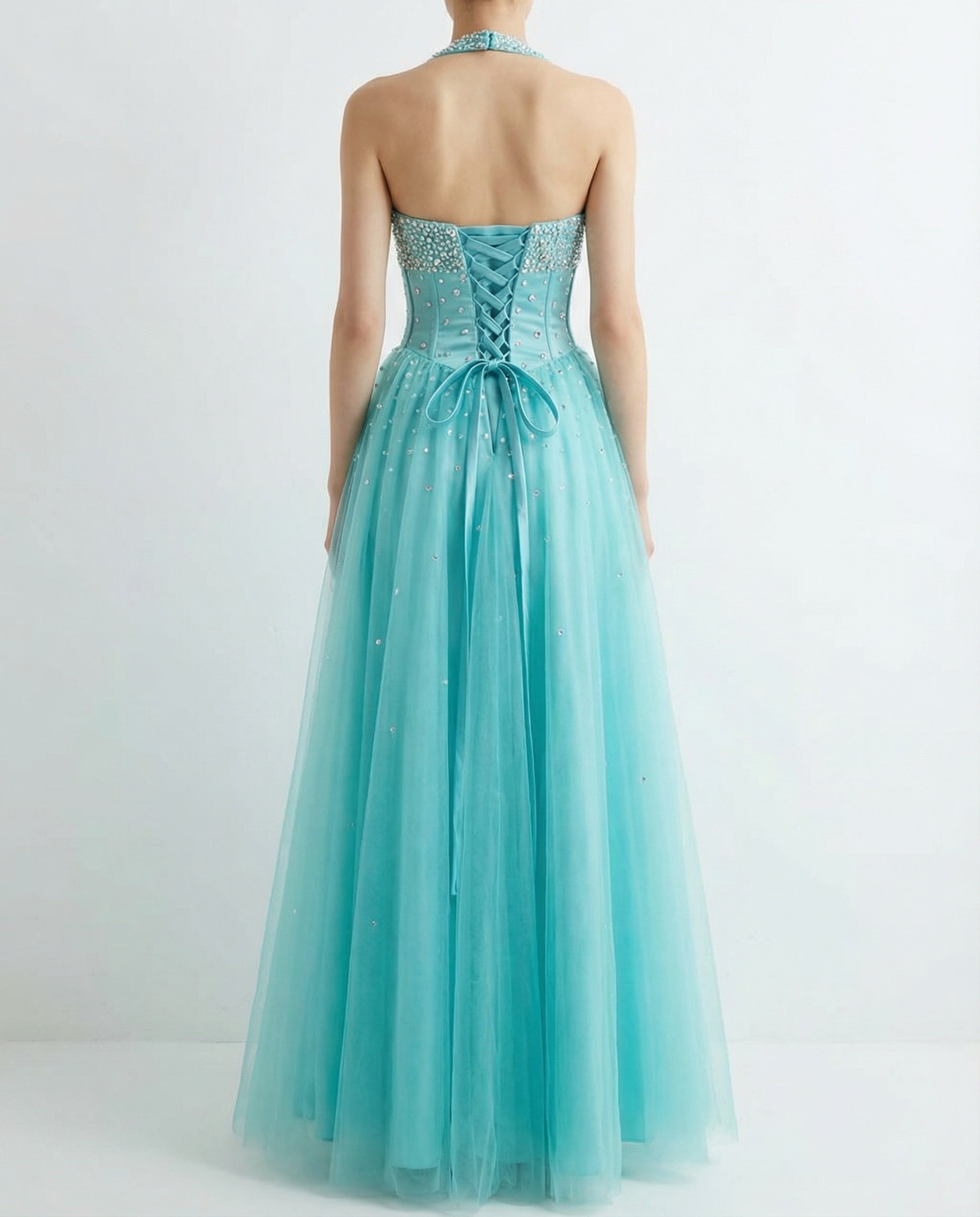 Halter Neck Beaded Neckline Corset Bodice A-line Tulle Dress
