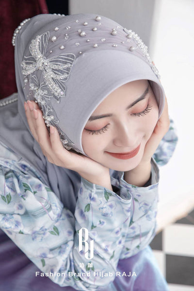 Liyana-Periwinkle Shimmer Chiffon Hijab Headwear with Embroidery Bows and Beadings