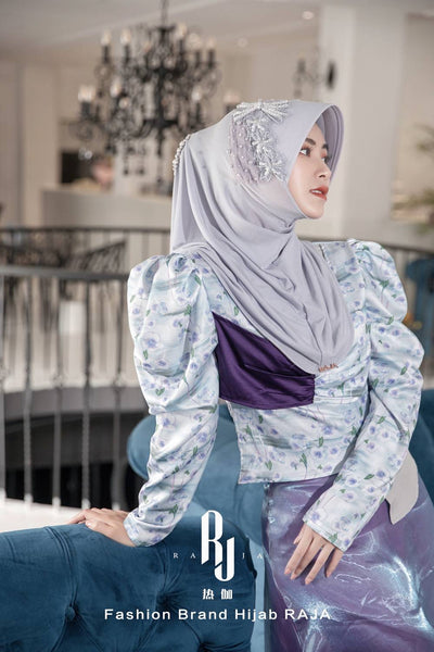 Liyana-Periwinkle Shimmer Chiffon Hijab Headwear with Embroidery Bows and Beadings