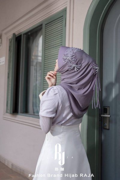 Liyana-Lavender Shimmer Chiffon Hijab Headwear with Embroidery Bows and Beadings