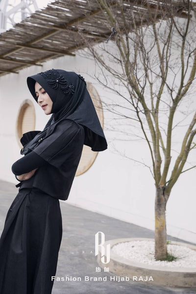 Liyana-Black Shimmer Chiffon Hijab Headwear with Embroidery Bows and Beadings