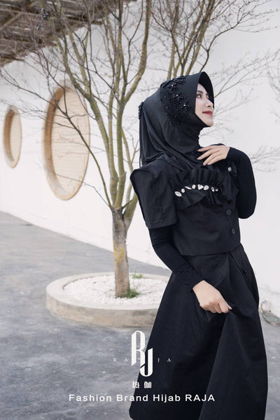 Liyana-Black Shimmer Chiffon Hijab Headwear with Embroidery Bows and Beadings