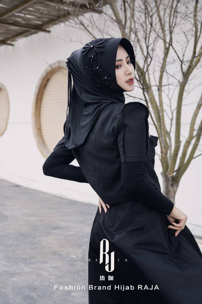 Liyana-Black Shimmer Chiffon Hijab Headwear with Embroidery Bows and Beadings