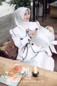 Liyana-White Shimmer Chiffon Hijab Headwear with Embroidery Bows and Beadings