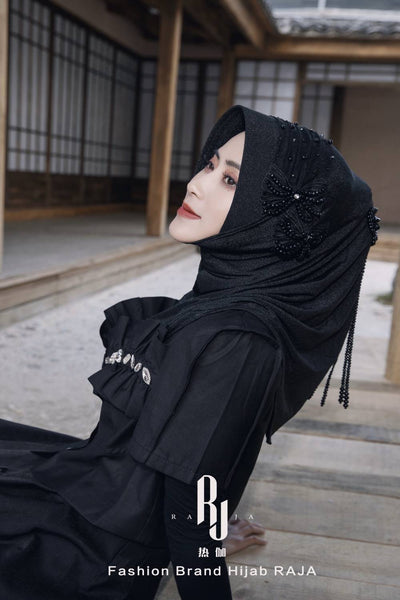 Liyana-Black Shimmer Chiffon Hijab Headwear with Embroidery Bows and Beadings