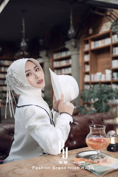 Liyana-White Shimmer Chiffon Hijab Headwear with Embroidery Bows and Beadings