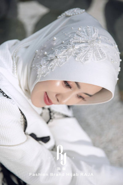 Liyana-White Shimmer Chiffon Hijab Headwear with Embroidery Bows and Beadings