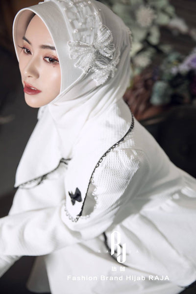 Liyana-White Shimmer Chiffon Hijab Headwear with Embroidery Bows and Beadings