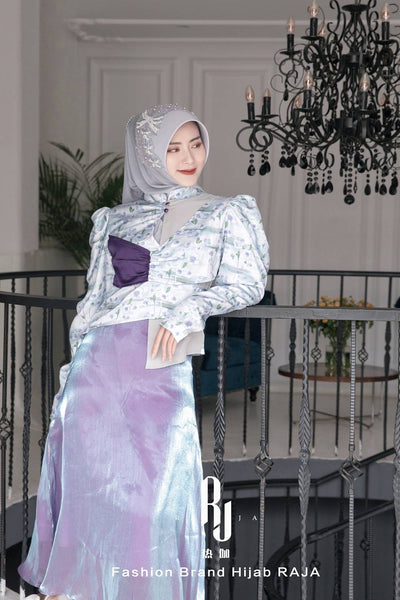 Liyana-Periwinkle Shimmer Chiffon Hijab Headwear with Embroidery Bows and Beadings