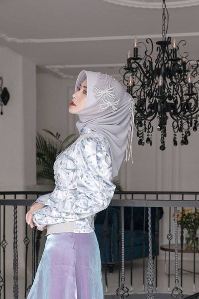 Liyana-Periwinkle Shimmer Chiffon Hijab Headwear with Embroidery Bows and Beadings