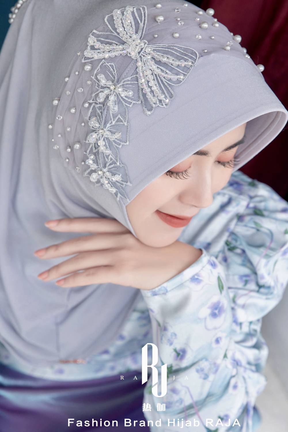 Liyana-Periwinkle Shimmer Chiffon Hijab Headwear with Embroidery Bows and Beadings