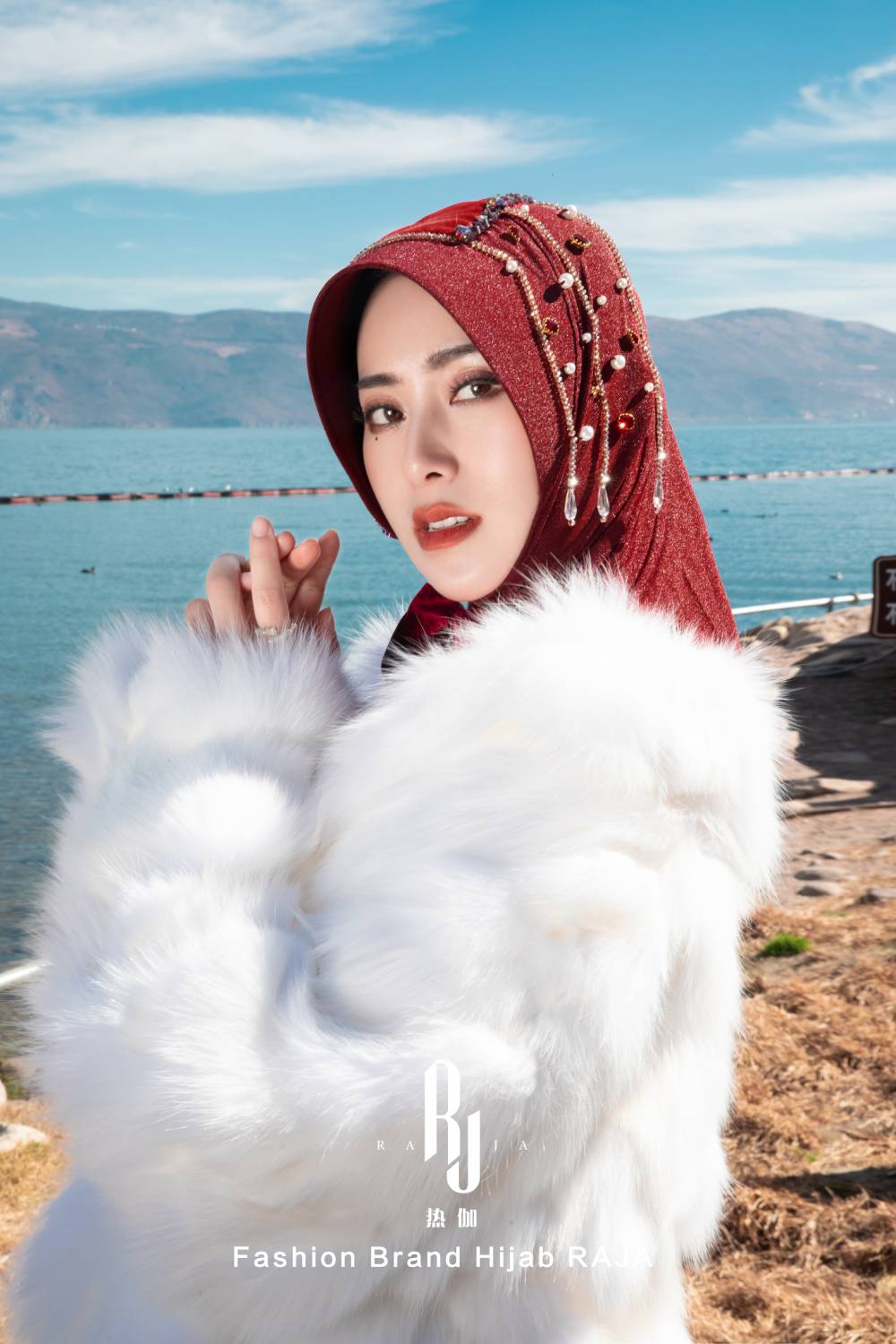 Lulu-Burgundy moderní a skromná šifónová čepice na hidžáb s sametovou mašlí a korálky