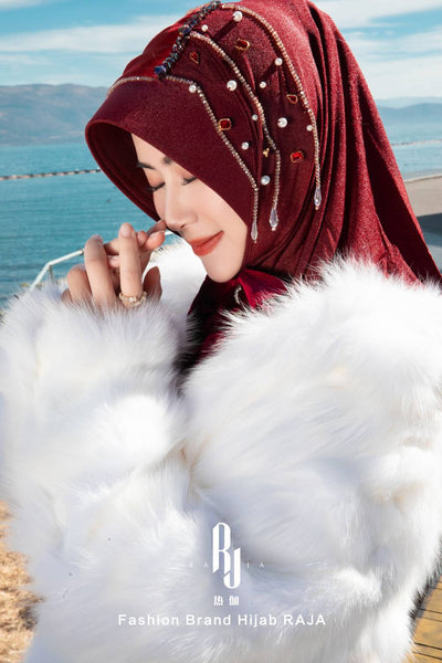 Lulu-Burgundy Modern and Modest Chiffon Hijab Cap with Velvet Bow and Beadings