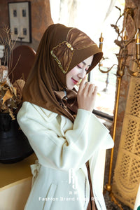 Lulu-Coffee Modern and Modest Chiffon Hijab Cap with Velvet Bow and Beadings