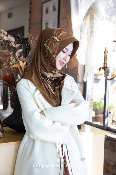 Lulu-Coffee Modern and Modest Chiffon Hijab Cap with Velvet Bow and Beadings