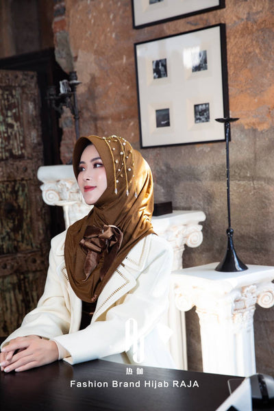 Lulu-Coffee Modern and Modest Chiffon Hijab Cap with Velvet Bow and Beadings