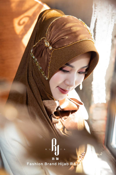 Lulu-Coffee Modern and Modest Chiffon Hijab Cap with Velvet Bow and Beadings