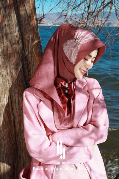 Lulu-Jujube Modern and Modest Chiffon Hijab Cap with Velvet Bow and Beadings