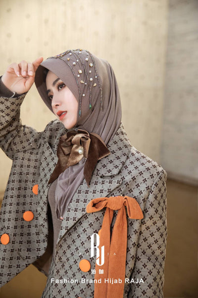 Lulu-Mocha Modern and Modest Chiffon Hijab Cap with Velvet Bow and Beadings