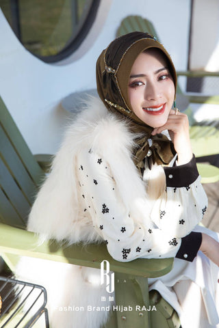 Lulu-Nightingale-brown Modern and Modest Chiffon Hijab Cap with Velvet Bow and Beadings