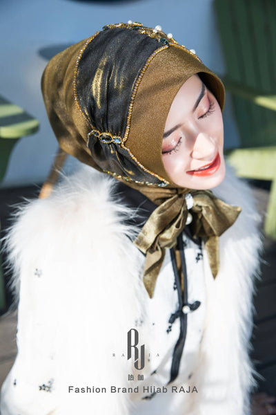 Lulu-Nightingale-brown Modern and Modest Chiffon Hijab Cap with Velvet Bow and Beadings