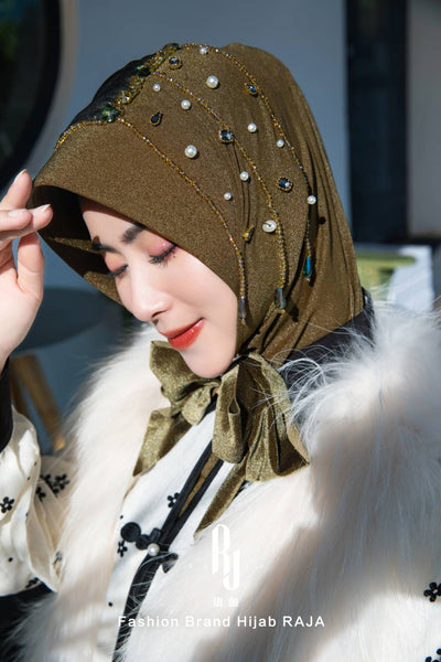 Lulu-Nightingale-brown Modern and Modest Chiffon Hijab Cap with Velvet Bow and Beadings