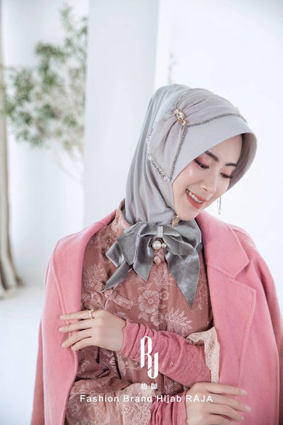 Lulu-Silver Modern and Modest Chiffon Hijab Cap with Velvet Bow and Beadings