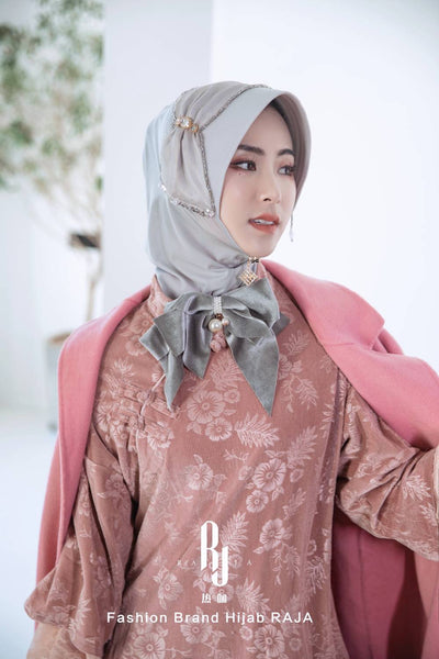 Lulu-Silver Modern and Modest Chiffon Hijab Cap with Velvet Bow and Beadings