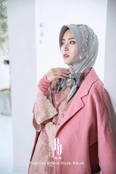 Lulu-Silver Modern and Modest Chiffon Hijab Cap with Velvet Bow and Beadings