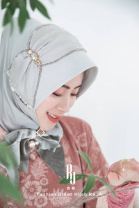 Lulu-Silver Modern and Modest Chiffon Hijab Cap with Velvet Bow and Beadings