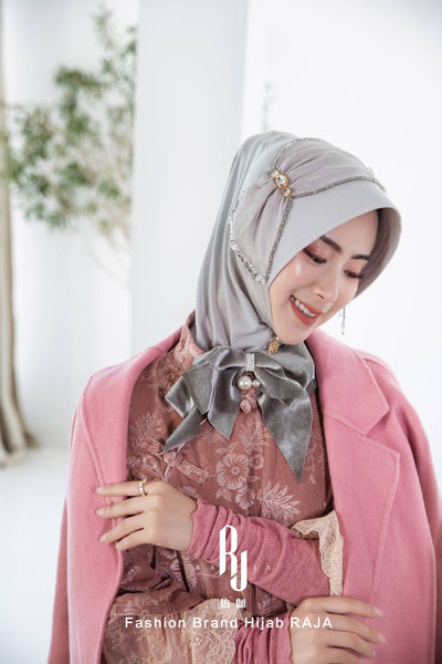 Lulu-Silver Modern and Modest Chiffon Hijab Cap with Velvet Bow and Beadings