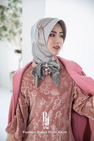 Lulu-Silver Modern and Modest Chiffon Hijab Cap with Velvet Bow and Beadings