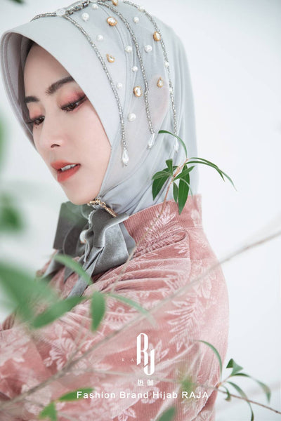 Lulu-Silver Modern and Modest Chiffon Hijab Cap with Velvet Bow and Beadings