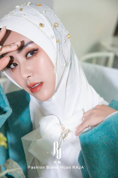 Lulu-White Modern and Modest Chiffon Hijab Cap with Velvet Bow and Beadings