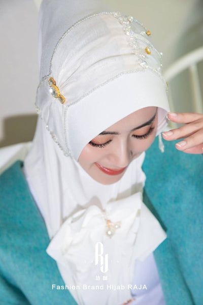 Lulu-White Modern and Modest Chiffon Hijab Cap with Velvet Bow and Beadings