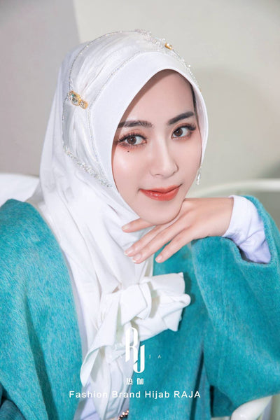 Lulu-White Modern and Modest Chiffon Hijab Cap with Velvet Bow and Beadings