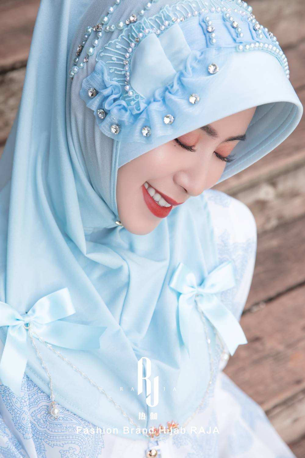 Adiva-Baby Blue Chic Chiffon Hijab Cap with Satin Bows and Beading Details